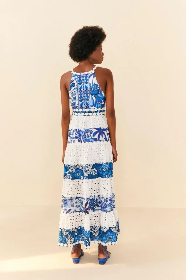 Women Maxi Dresses Farm Rio Mixed White And Blue Prints Maxi Dress