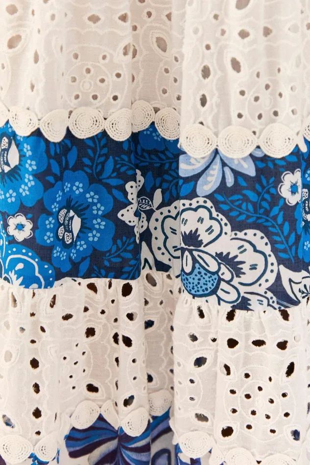 Women Maxi Dresses Farm Rio Mixed White And Blue Prints Maxi Dress