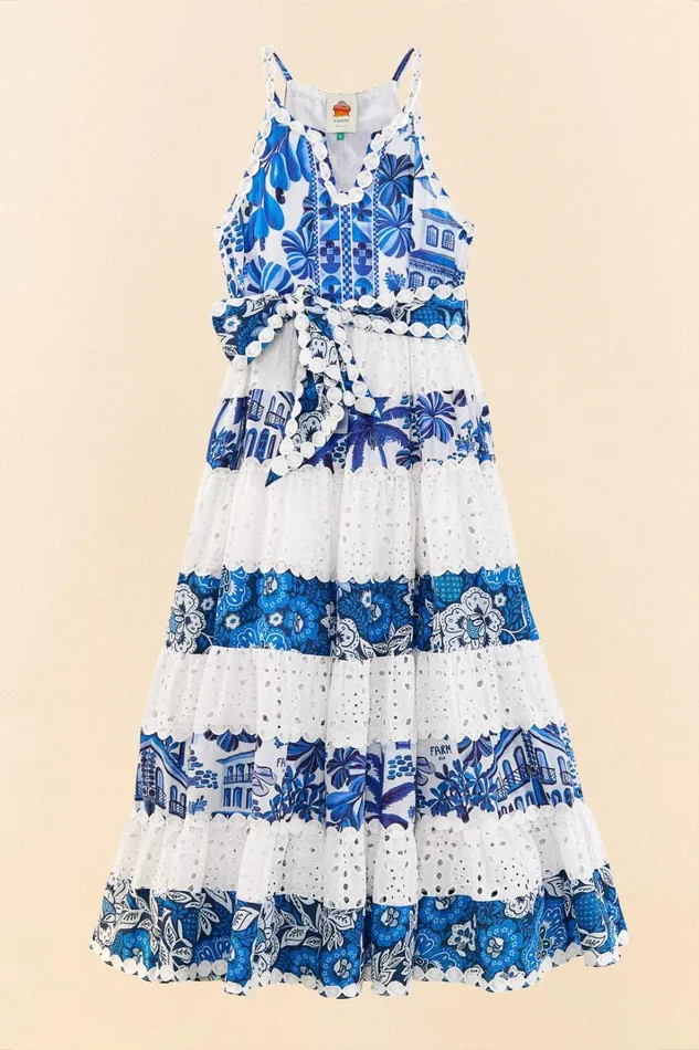 Women Maxi Dresses Farm Rio Mixed White And Blue Prints Maxi Dress