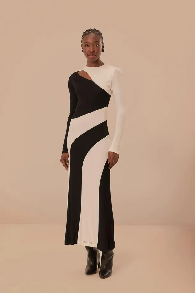 Women Midi Dresses Farm Rio Black And White CutOut Long Sleeve Midi Dress