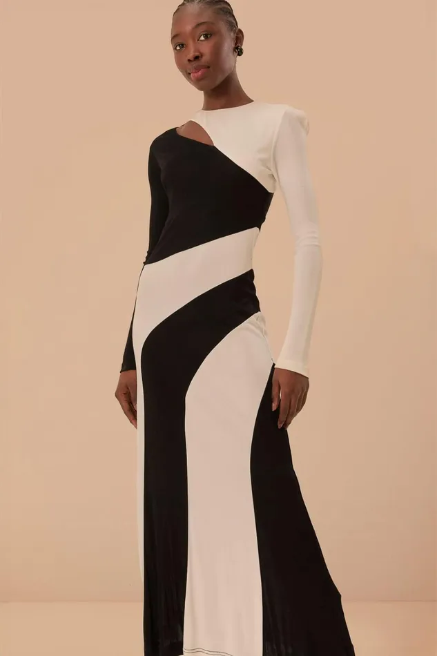 Women Midi Dresses Farm Rio Black And White CutOut Long Sleeve Midi Dress