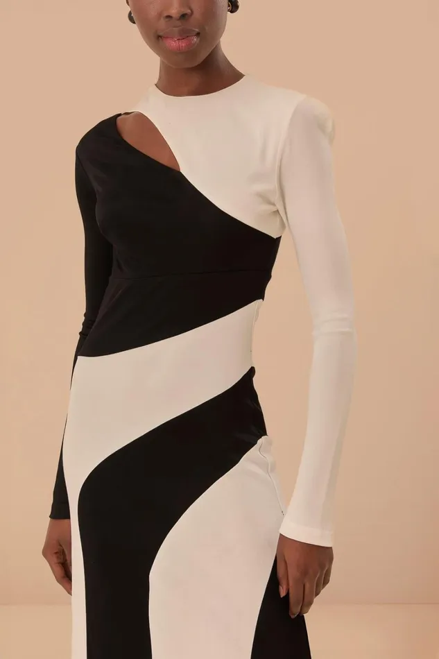 Women Midi Dresses Farm Rio Black And White CutOut Long Sleeve Midi Dress