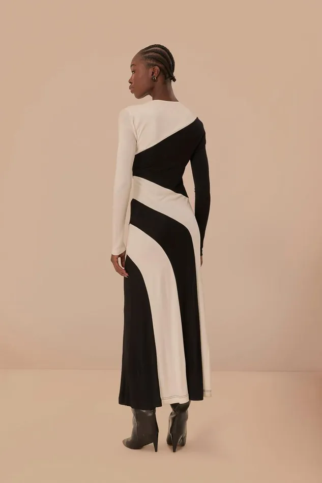 Women Midi Dresses Farm Rio Black And White CutOut Long Sleeve Midi Dress