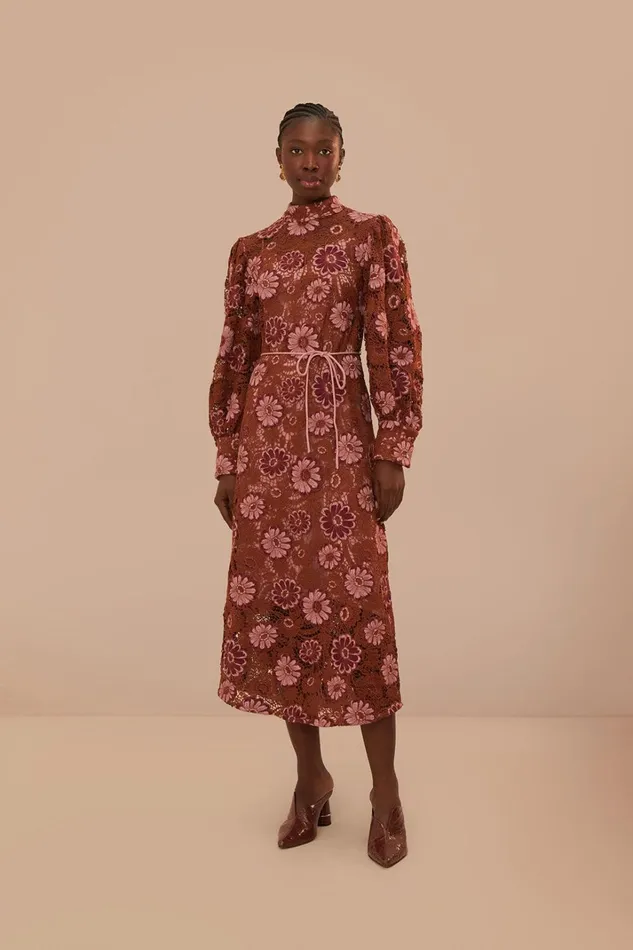 Women Midi Dresses Farm Rio Brown Gigi Tapestry Guipure Midi Dress
