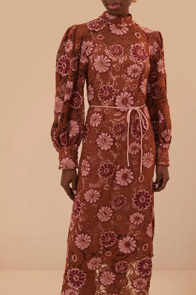 Women Midi Dresses Farm Rio Brown Gigi Tapestry Guipure Midi Dress