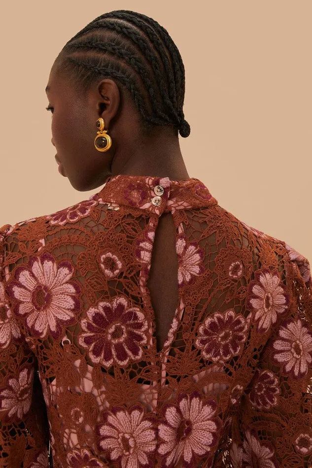 Women Midi Dresses Farm Rio Brown Gigi Tapestry Guipure Midi Dress