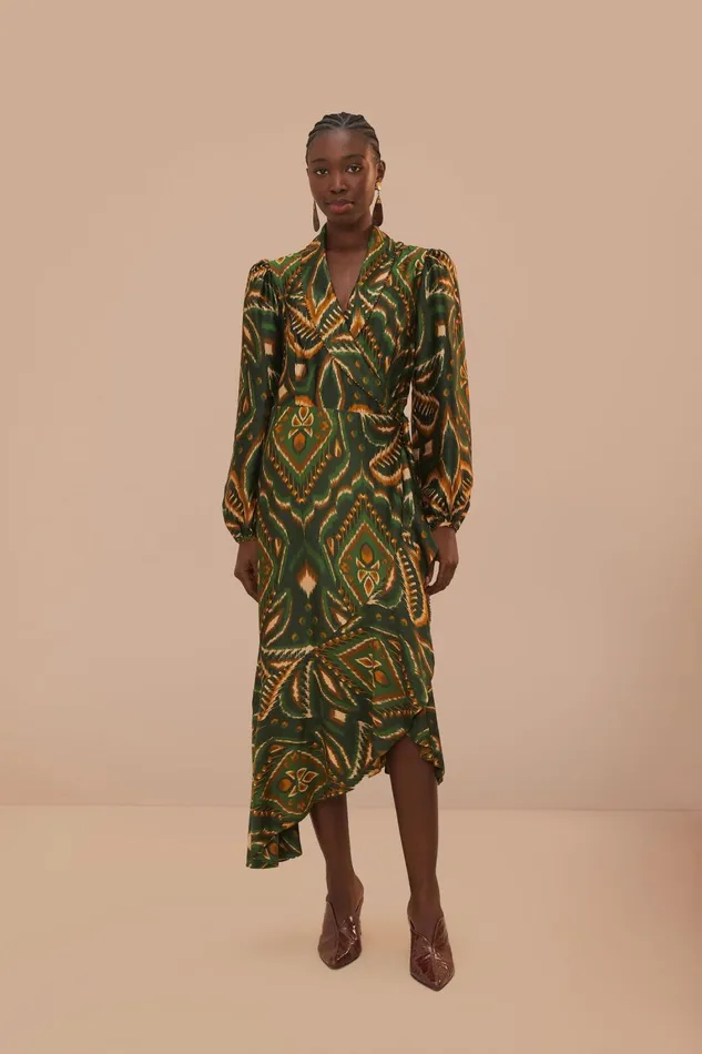 Women Midi Dresses Farm Rio Green Pineapple Ikat Long Sleeve Midi Dress