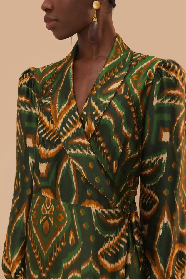 Women Midi Dresses Farm Rio Green Pineapple Ikat Long Sleeve Midi Dress