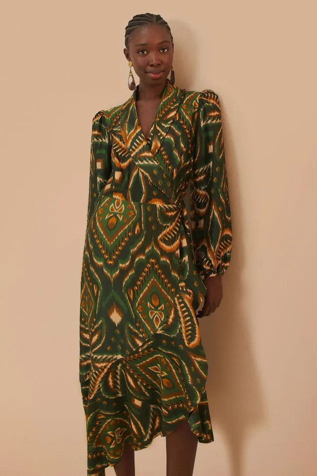 Women Midi Dresses Farm Rio Green Pineapple Ikat Long Sleeve Midi Dress