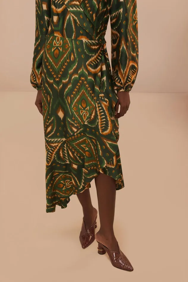 Women Midi Dresses Farm Rio Green Pineapple Ikat Long Sleeve Midi Dress