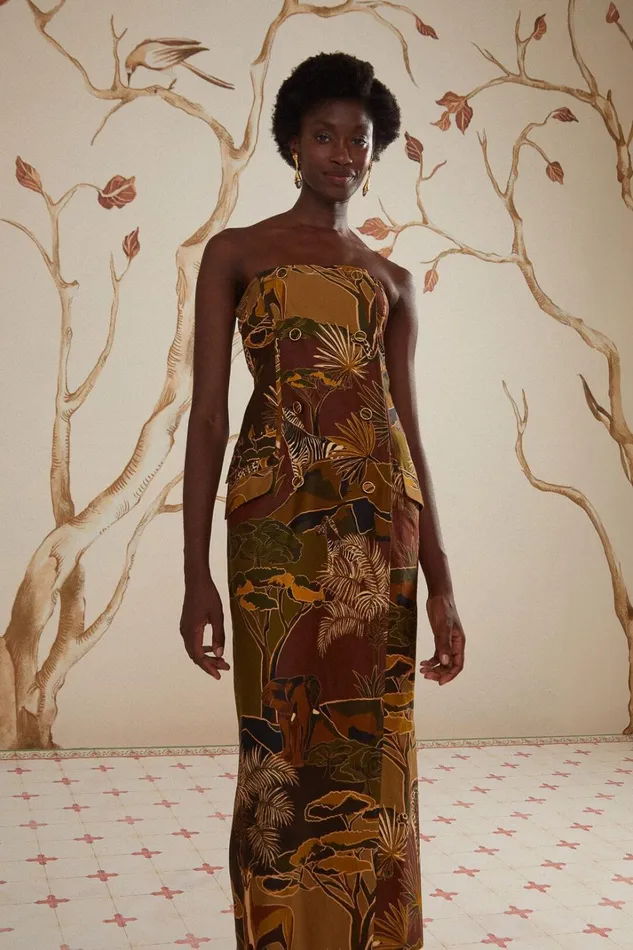 Women Midi Dresses Farm Rio Savana Dream Caramel Strapless Buttonned Midi Dress