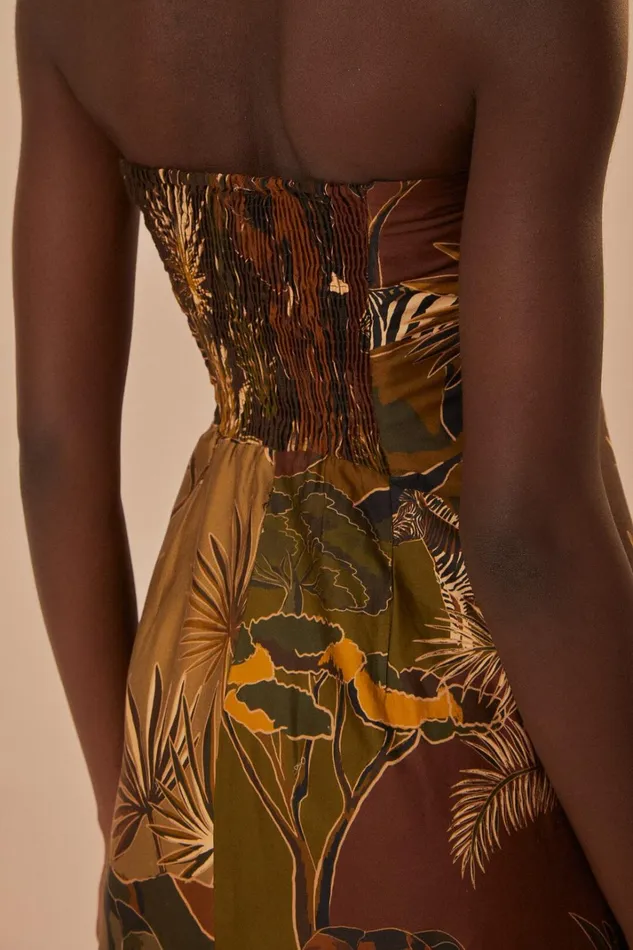 Women Midi Dresses Farm Rio Savana Dream Caramel Strapless Buttonned Midi Dress