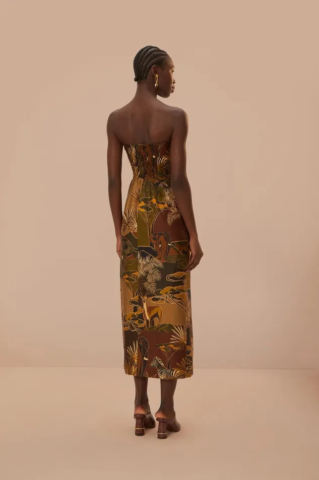Women Midi Dresses Farm Rio Savana Dream Caramel Strapless Buttonned Midi Dress