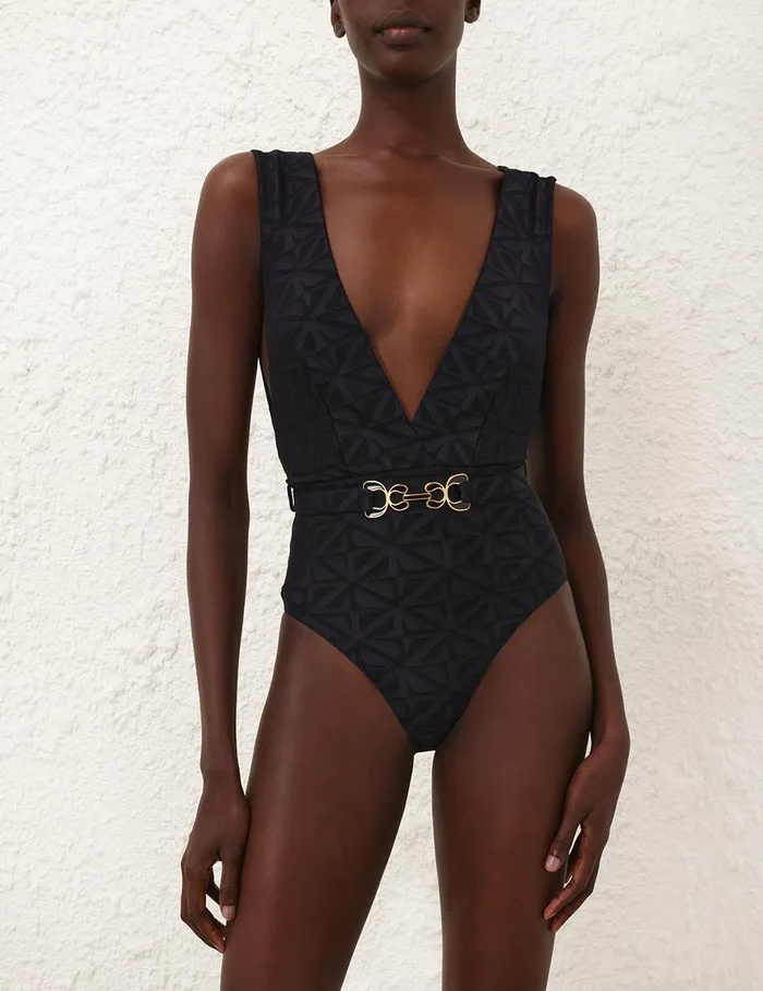 Women One Pieces Zimmermann Maxine Textured Plunge 1pc Black