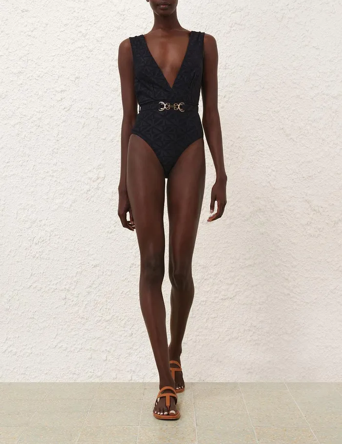 Women One Pieces Zimmermann Maxine Textured Plunge 1pc Black