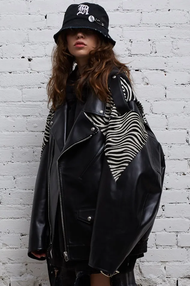 Women Oversized Motorcycle Jacket 8211 Black With Zebra Jackets and Coats R13