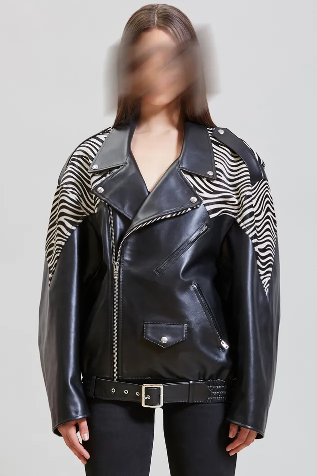 Women Oversized Motorcycle Jacket 8211 Black With Zebra Jackets and Coats R13