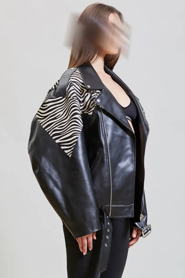 Women Oversized Motorcycle Jacket 8211 Black With Zebra Jackets and Coats R13