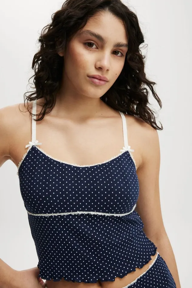 Women Pajamas Cotton On Pointelle Picot Sleep Top Polka Dot Navy