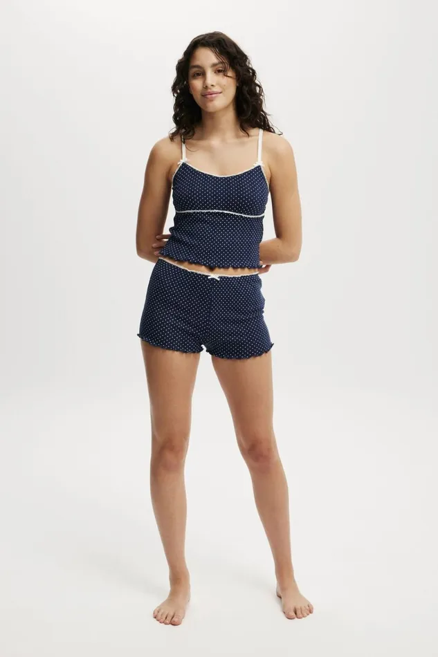 Women Pajamas Cotton On Pointelle Picot Sleep Top Polka Dot Navy