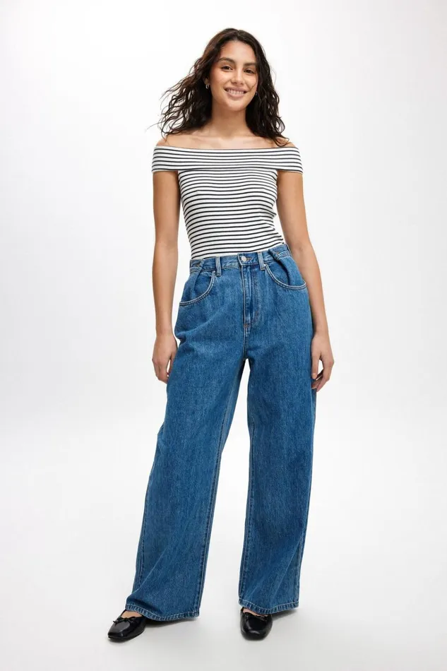 Women Pants Cotton On Adjustable Wide Jean Sea Blue