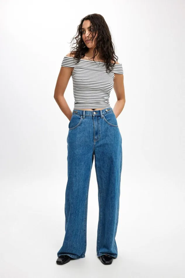 Women Pants Cotton On Adjustable Wide Jean Sea Blue Women Pants Cotton On Adjustable Wide Jean Sea Blue