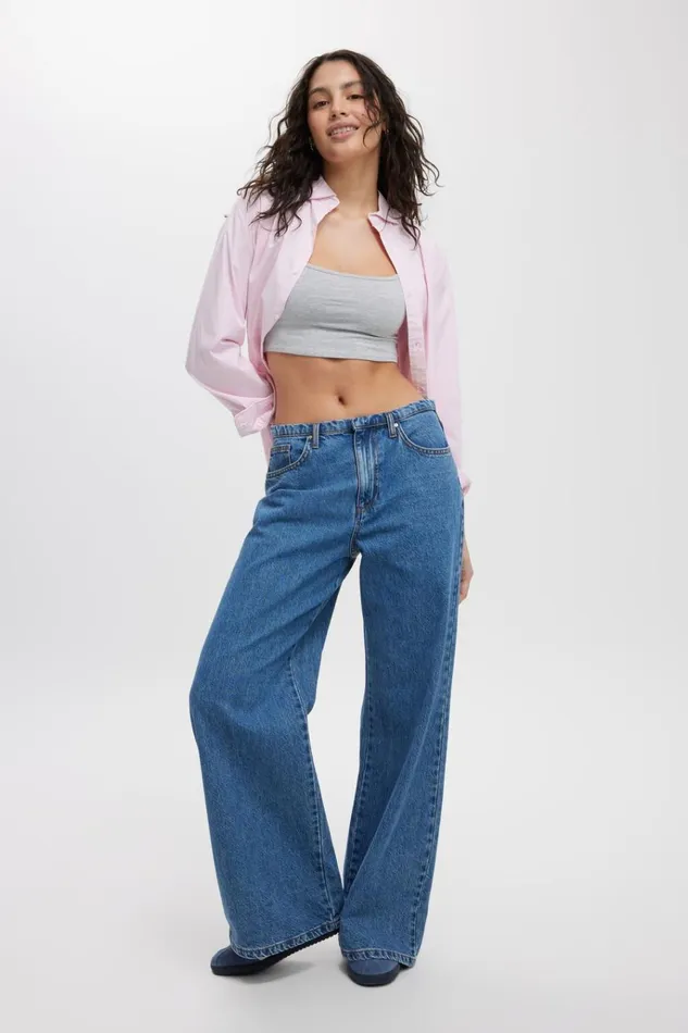Women Pants Cotton On Relaxed Wide Jean Sea Bluewaist