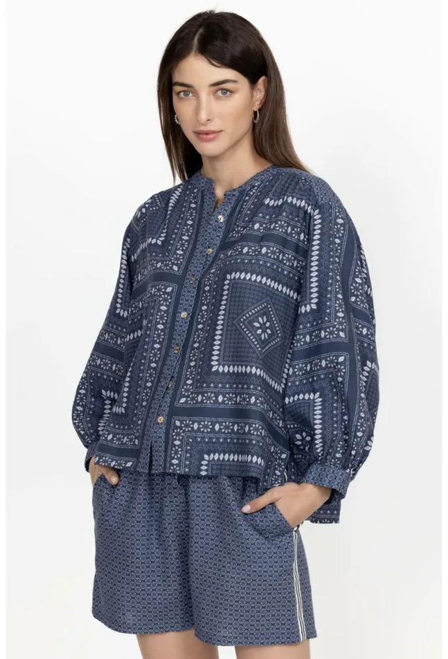 Women Patched Ikat Shirred Yoke Blouse Patched Ikat Johnny Was Tops