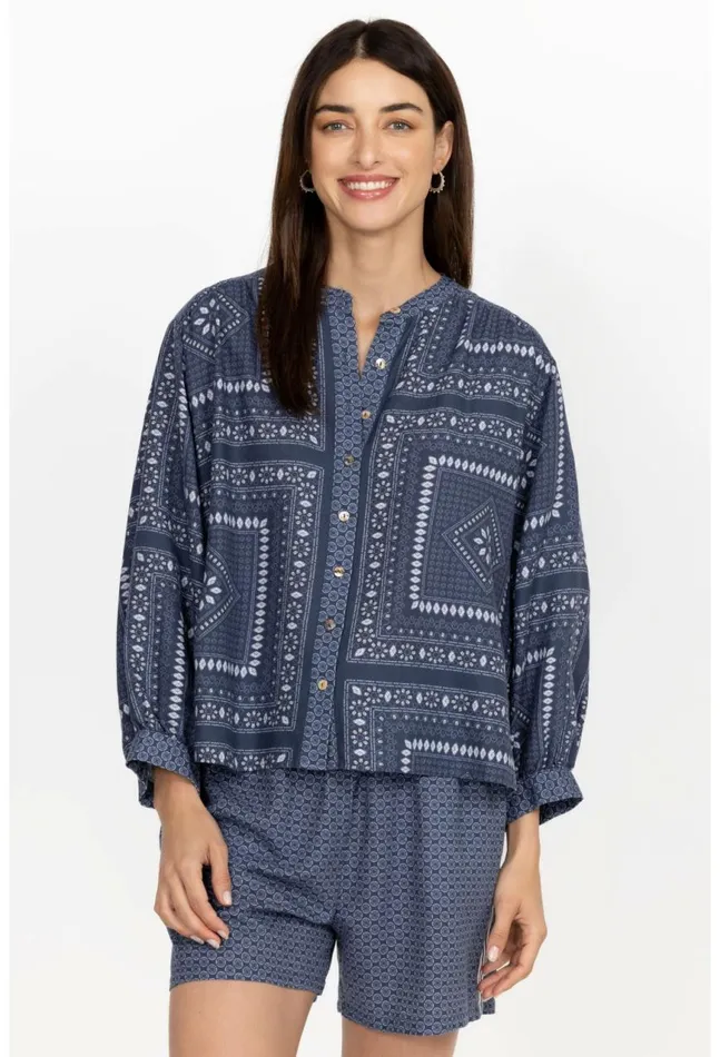 Women Patched Ikat Shirred Yoke Blouse Patched Ikat Johnny Was Tops