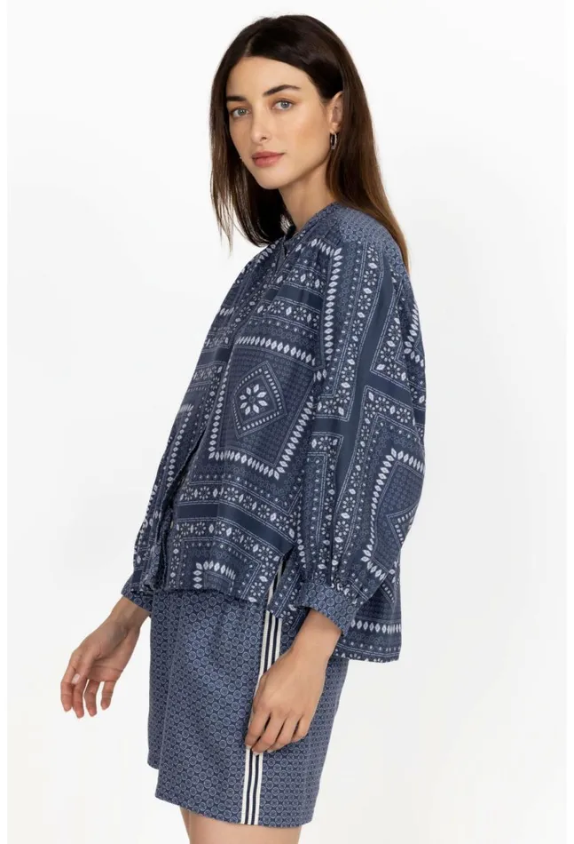 Women Patched Ikat Shirred Yoke Blouse Patched Ikat Johnny Was Tops
