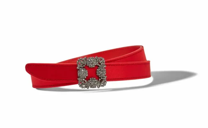 Women Red Satin Crystal Buckled Belt Manolo Blahnik Belts