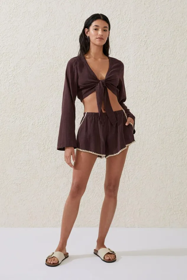 Women Shorts Cotton On Relaxed Pocket Beach Short Willow Brownblanket Stitch