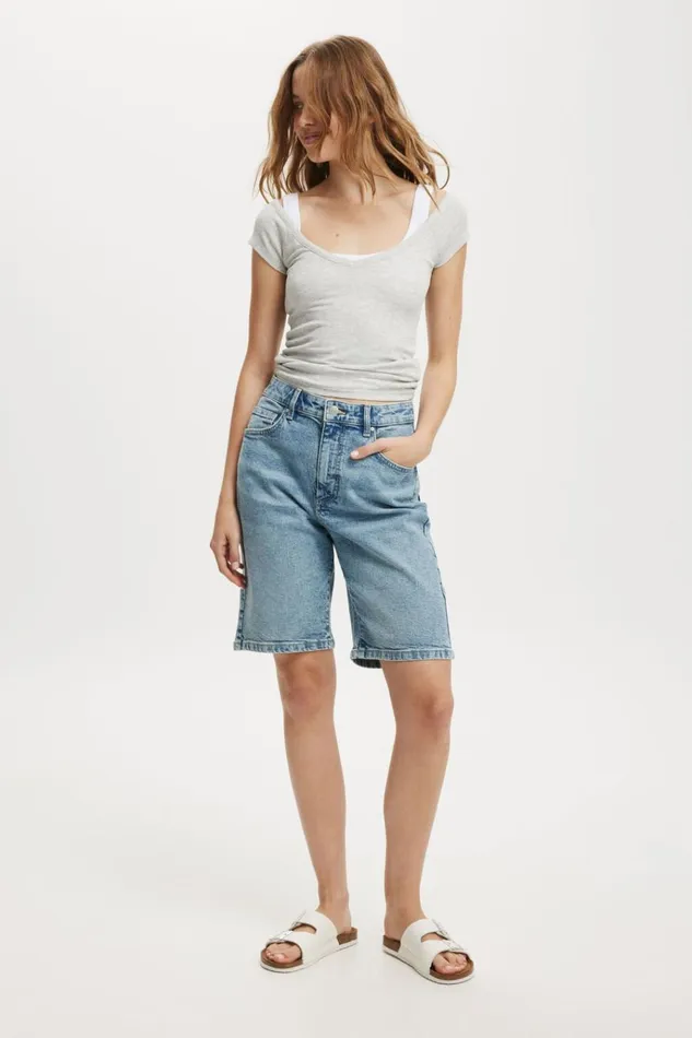 Women Shorts Cotton On Stretch Denim Bermuda Short Bells Blue