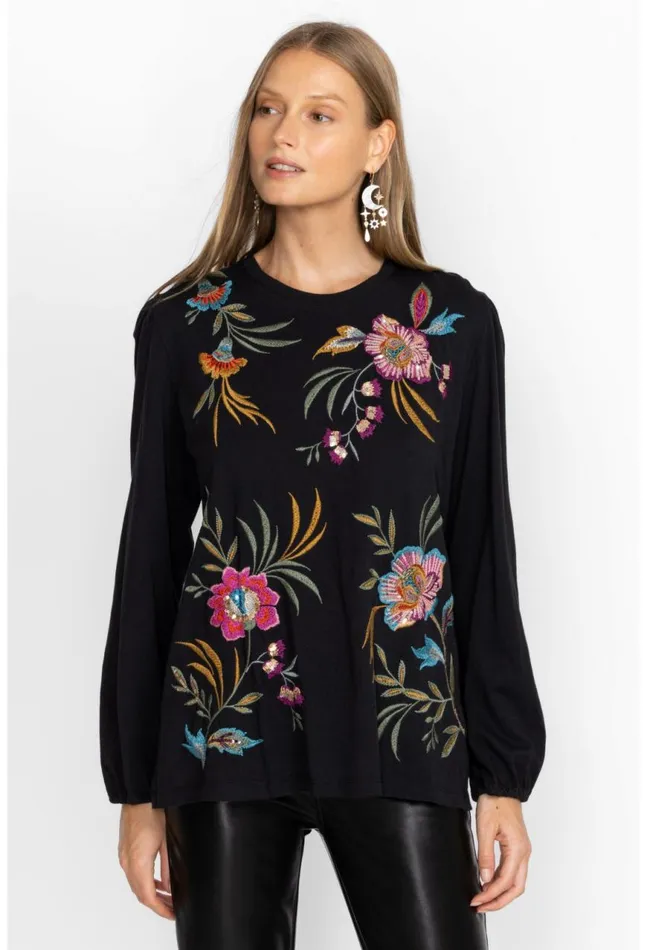Women Sidonia Bishop Sleeve Sequin Tee Black Johnny Was Tops