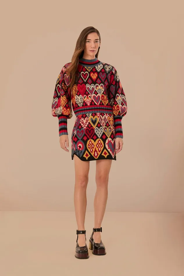 Women Skirts Farm Rio Black Hearts Ikat Knit Skirt