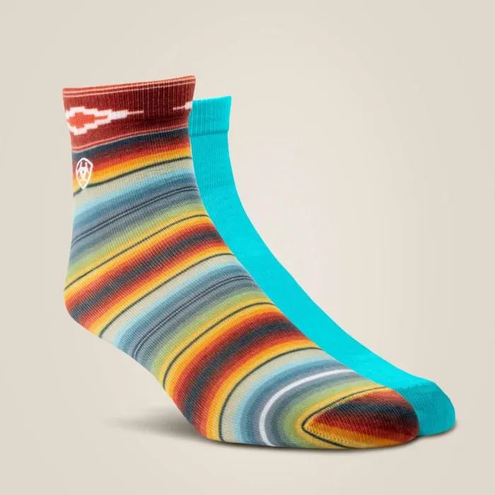 Women Socks Ariat Southwest Theme Ankle Sock 2 Pair Multi Color Pack Muted Serapesky Blue