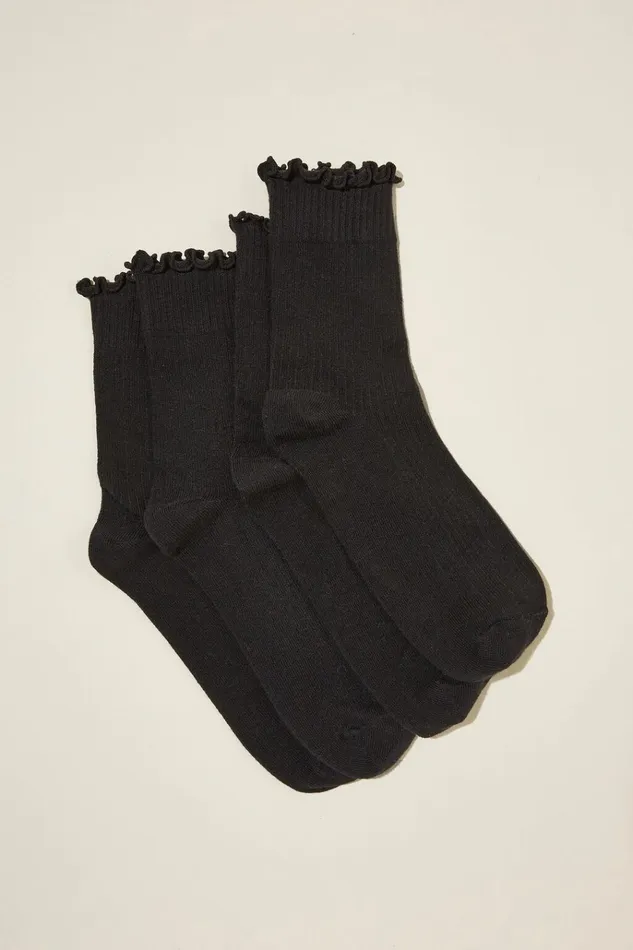 Women Socks Cotton On The Perfect Pair Frill Rib Crew Sock 2Pk Black