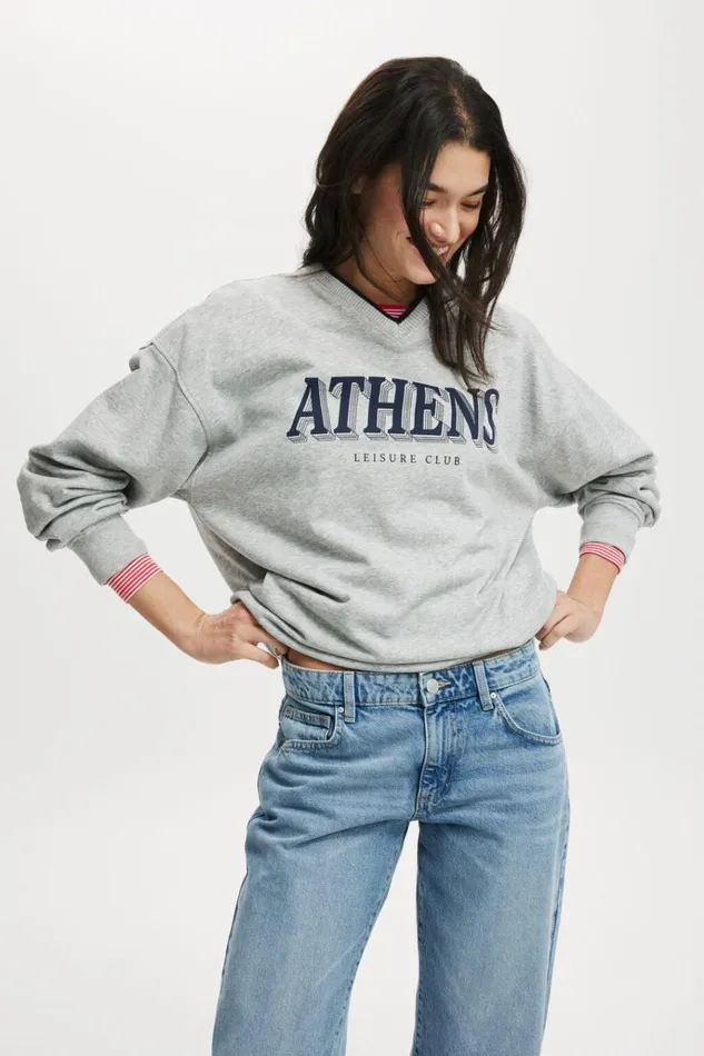 Women Sweats and Hoodies Cotton On Classic Fleece Graphic V Neck Sweatshirt Athenslight Grey Marle