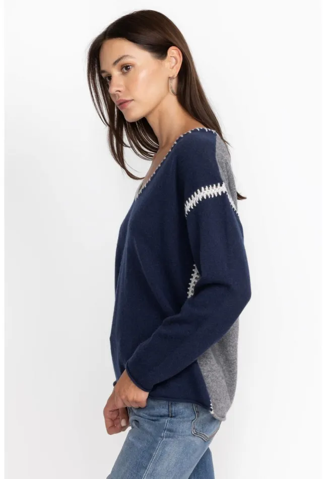 Women The Whipstitch V Neck Pullover 8211 Color Block Navy Johnny Was Tops