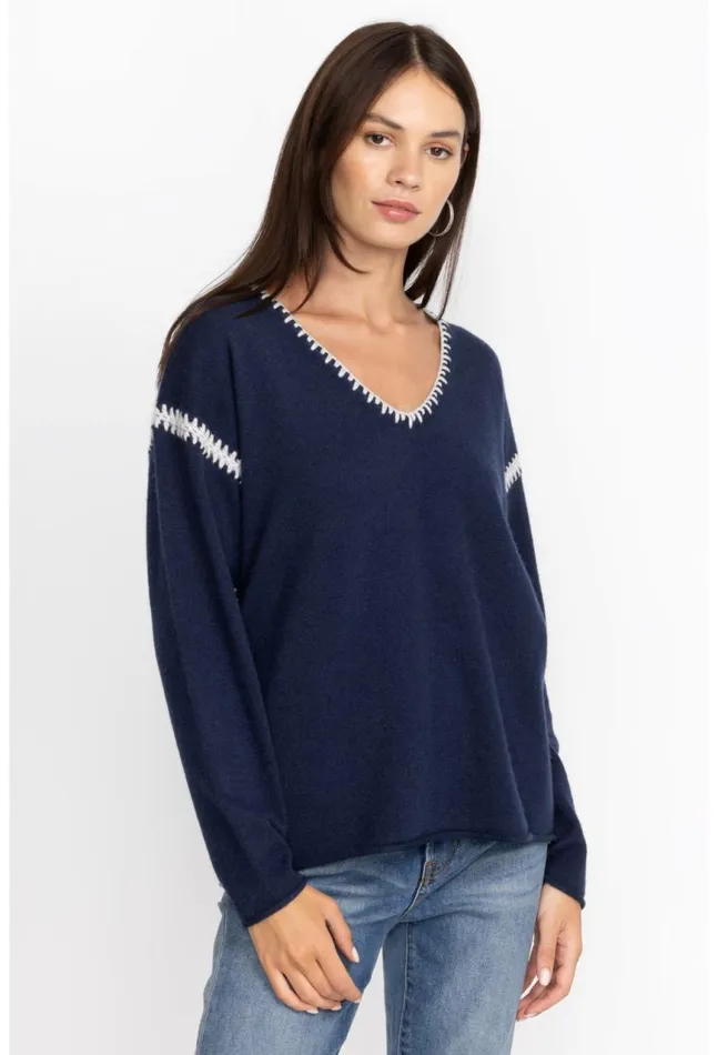 Women The Whipstitch V Neck Pullover 8211 Color Block Navy Johnny Was Tops