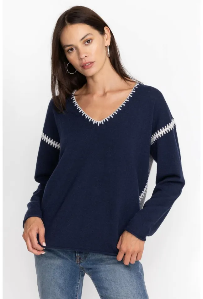 Women The Whipstitch V Neck Pullover 8211 Color Block Navy Johnny Was Tops