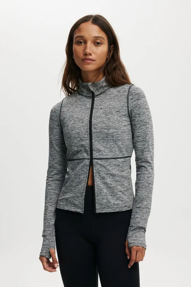 Women Tops Cotton On Active Core Zip Through Long Sleeve Salt And Pepper