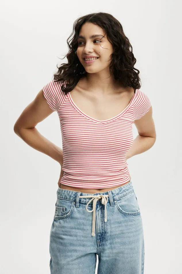 Women Tops Cotton On Brooklyn V Neck Short Sleeve Crisp Stripe Natural Whiteracer Red Women Tops Cotton On Brooklyn V Neck Short Sleeve Crisp Stripe Natural Whiteracer Red