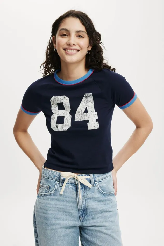 Women Tops Cotton On Fitted Graphic Lcn Raglan Longline Tee 84 Winter Night