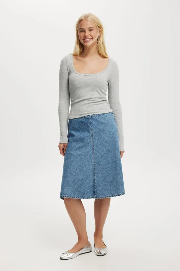 Women Tops Cotton On Heidi Picot Trim Long Sleeve Top Grey Marle