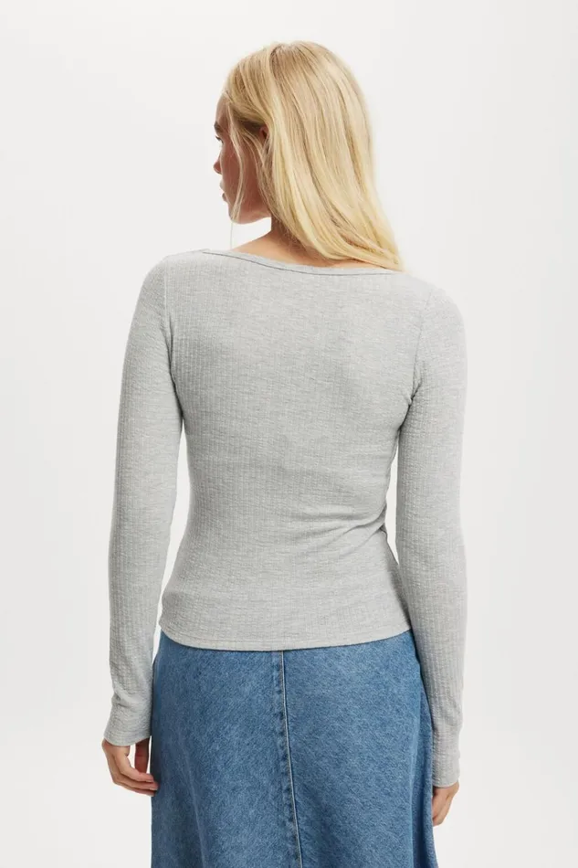 Women Tops Cotton On Heidi Picot Trim Long Sleeve Top Grey Marle