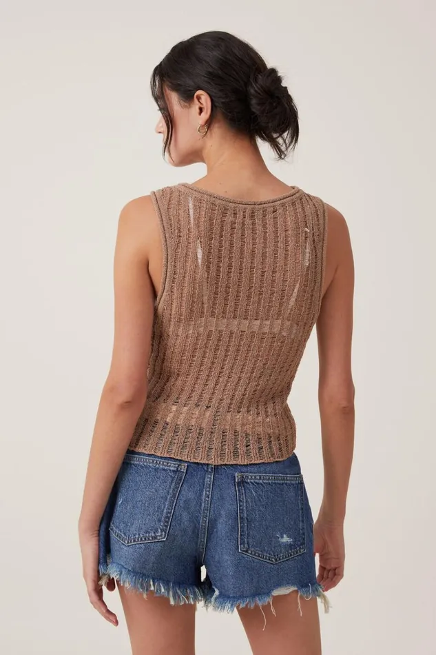 Women Tops Cotton On Ladder Knit Boatneck Tank Mocha
