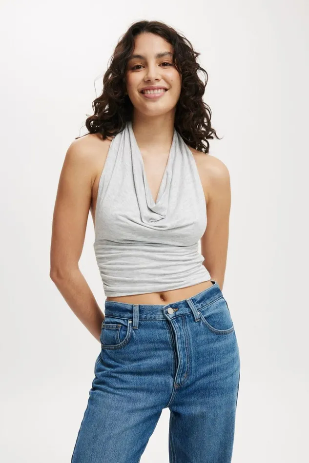 Women Tops Cotton On Lexa Cowl Neck Halter Top Grey Marle