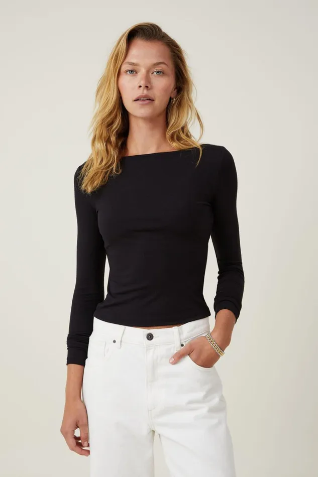 Women Tops Cotton On Staple Rib Boat Neck Long Sleeve Top Black