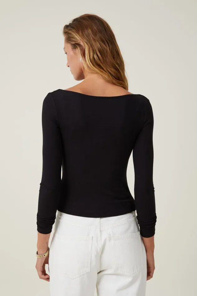 Women Tops Cotton On Staple Rib Boat Neck Long Sleeve Top Black